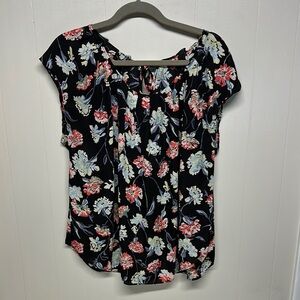 Black and Pink Ruffled Blouse with Short Sleeves